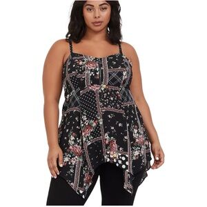 Torrid Babydoll Georgette Hanky Hem Patchwork Print Smocked Back Cami Size 1